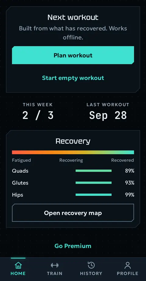 The Home screen: next workout built from what has recovered, this week 2 of 3 workouts, and recovery of quads, glutes and hips.