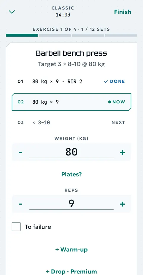 The set logging screen: barbell bench press, set 2 of 3, 80 kg for 9 reps, a big Log set button.
