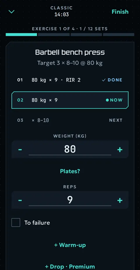 The set logging screen: barbell bench press, set 2 of 3, 80 kg for 9 reps, a big Log set button.