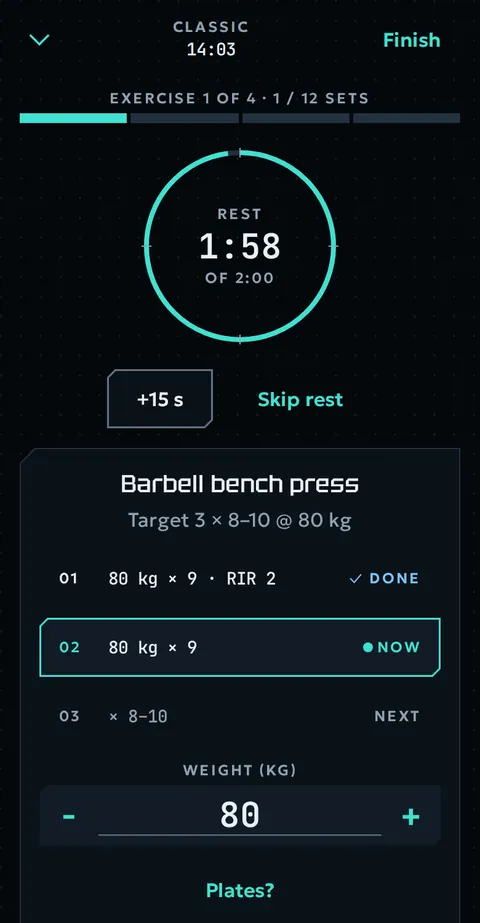 The rest timer: 1:58 of 2:00 left, with +15 s and Skip rest.